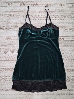 Adore Me Emerald Green Velvet Slip with Black Lace Trim